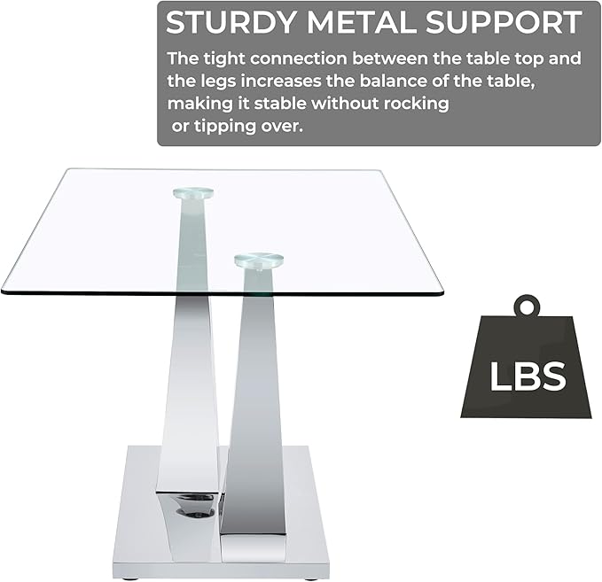 Modern Rectangular Glass Dining Table for 6-8 with Tempered Glass Tabletop and Silver Chrome Metal U-Shaped Pedestal for Kitchen Dining Living Meeting Room Banquet Hall (Silver7)