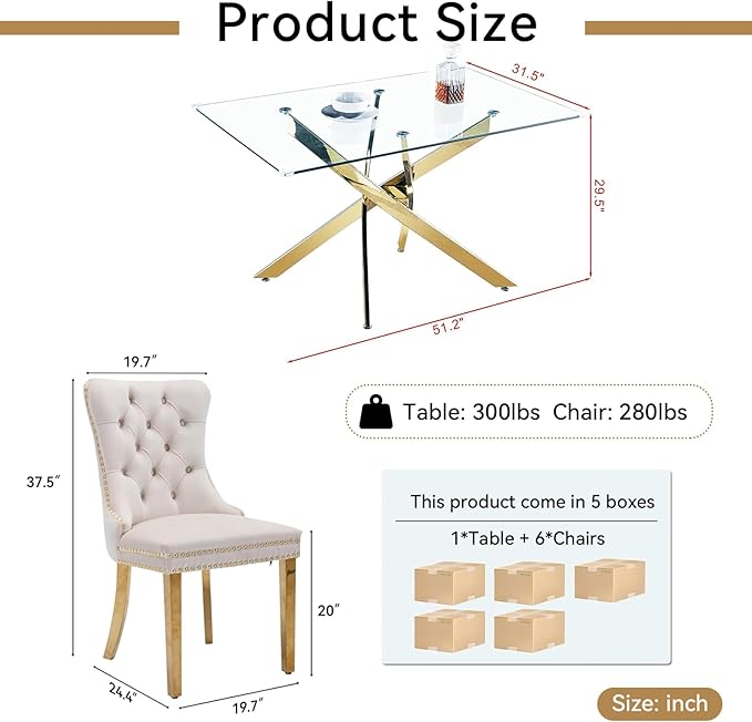 Goujxcy 51" Glass Dining Table Set for 6, Modern Kitchen Table and Chairs Set w/Steel Legs, 7-Piece Dining Table Set w/Glass Gold Dining Table and 6 Beige Velvet Chairs for Kitchen Dining Room
