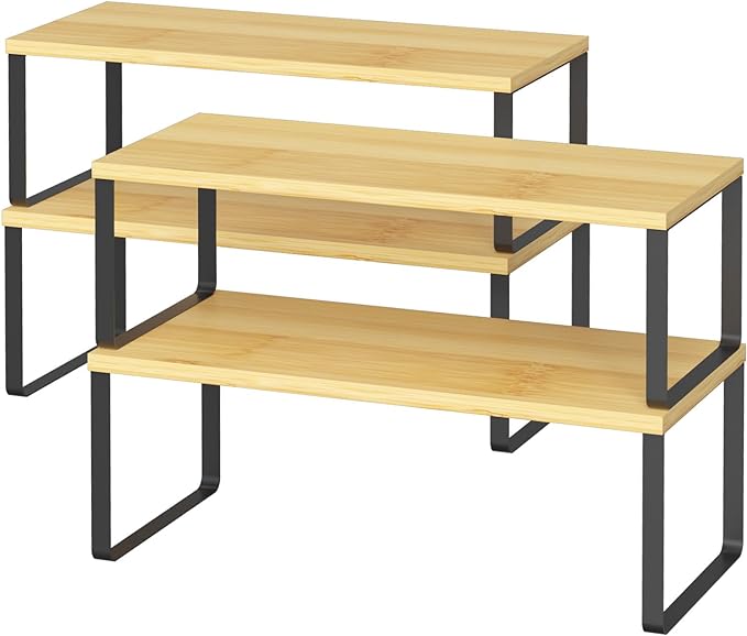 NEX Kitchen Cabinet and Counter Shelf Organizer, Stackable & Expandable, Set of 4, Black and Natural - 7.7 x 15.6 x 6.2''