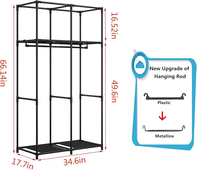 SORCEDAS Portable Wardrobe Closet Storage Organizer Metal Hanging Rack Non-Woven Fabric 34 Inch Coffee (34 Inch, Coffee)