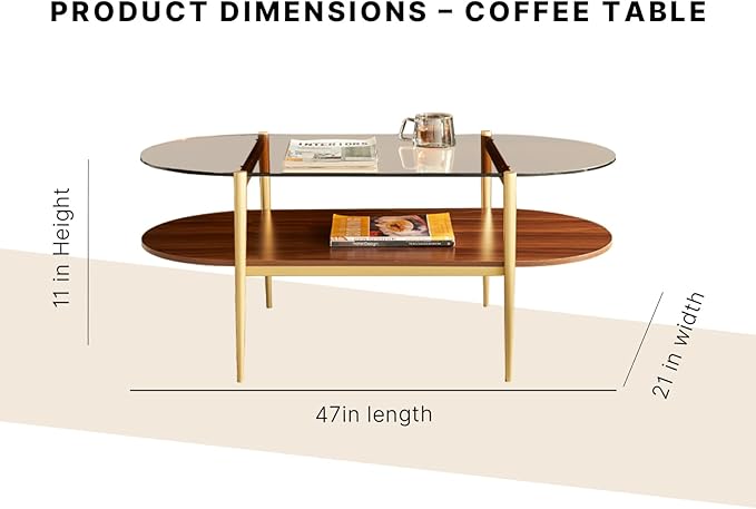 Shrine Oval Coffee Table, Mid-Century Modern Design, 2-Tier Structure, Amber Glass Top and Walnut MDF Shelf, 47" D x 21" W x 17" H, Sleek Conical Metal Legs with Gold Finish
