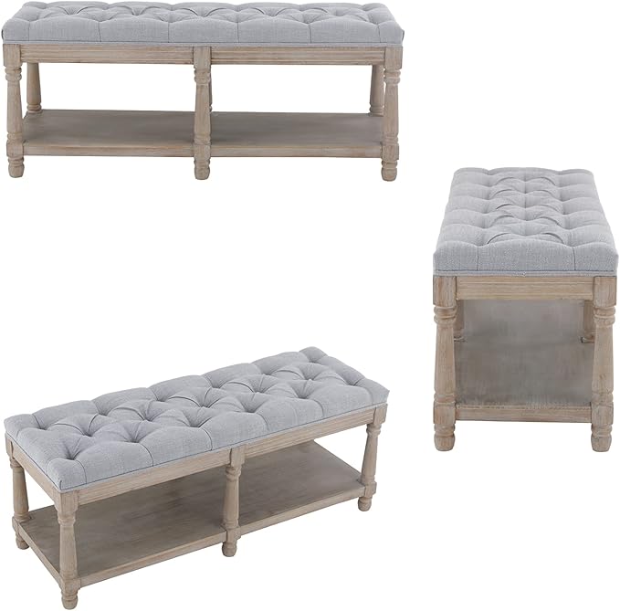 Mid Century Tufted Storage Bench with Shelf, Linen Upholstered Farmhouse Entryway Shoe Bench Ottoman Bed End Stool with Padded Seat, Rustic Bench for Bedroom Living Room Dining Room, Grey