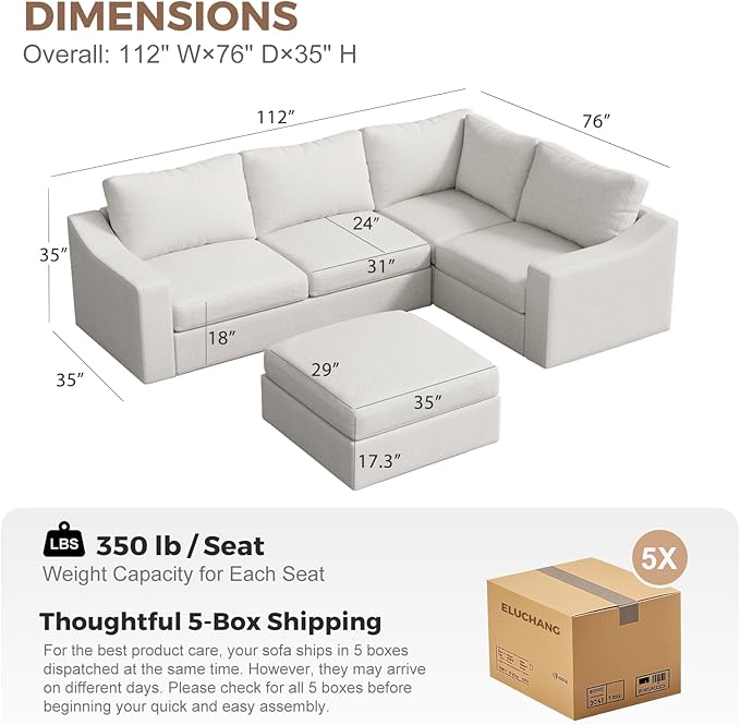 ABCASA 112" Modular Sectional Sofa, Large 5 Seater L Shaped Couch with Detachable Sofa Cover, Movable Ottoman, Deep Seat Corner Couch for Living Room, Apartment - Linen Fabric, Ivory
