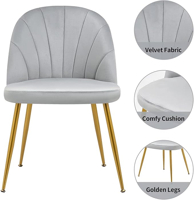 Velvet Dining Chairs Set of 4, Upholstered Mid Century Modern Dining Chairs, Armless Accent Chair with Metal Gold Legs for Living Room, Kitchen, Dining Room, Grey