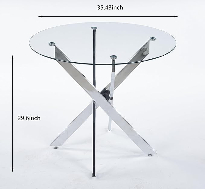 36" Round Dining Table for 4, Modern Clear Glass Kitchen Table for 4 with Silver X Metal Legs, Contemporary Small Circle Dining Room Leisure Tables for Kitchen Apartment