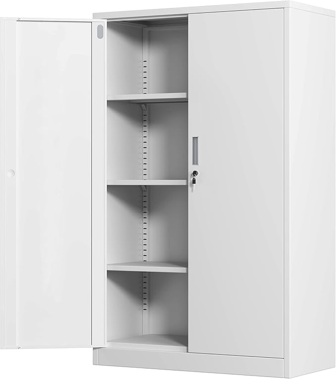 Metal Storage Cabinet with Locking Doors and 3 Adjustable Shelves, 53.5-Inch Lockable Storage Cabinets for Home Office Garage Kitchen Pantry (White)