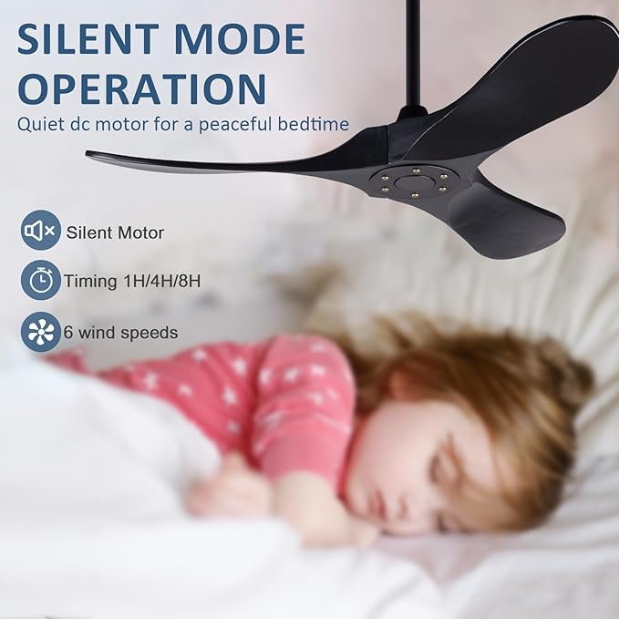 42 Inch Solid Wood Ceiling Fan with Remote,Black Ceiling Fan no Light,6 Speeds,Noiseless,Reversible DC Motor,Modern Ceiling Fans without Lights for Outdoor Indoor Bedroom Farmhouse,Patios