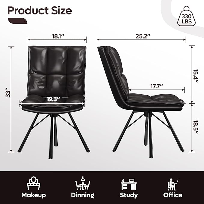 Bestier Dining Chairs Set of 2, Upholstered Modern Kitchen Chairs, Home Office Armless Chairs, PU Leather Table Chairs with Metal Legs for Dinning Room, Kitchen & Bedroom, Black