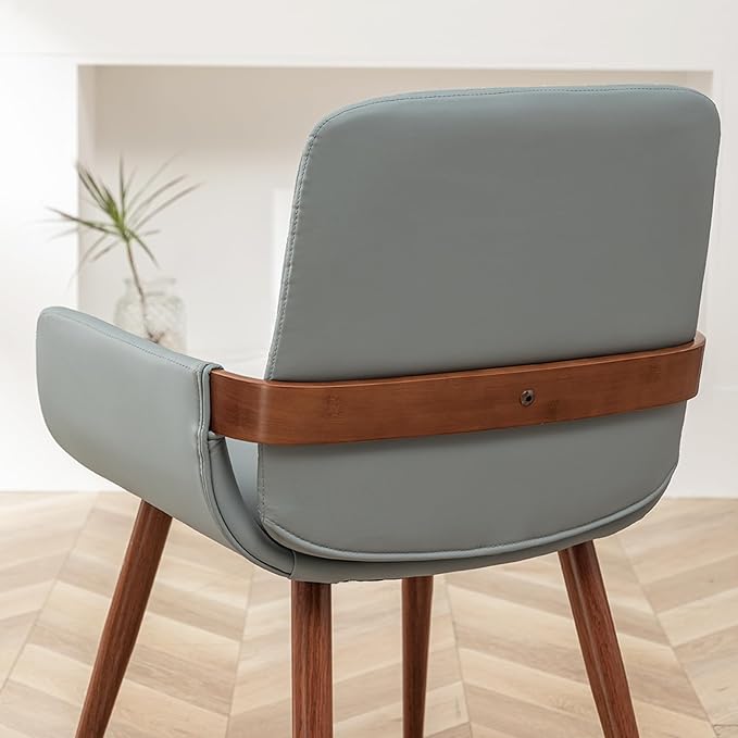 LUNLING Mid Century Modern Dining Room Chairs Set of 2 Accent Faux Leather Chair Bentwood Frame with Armrest,Upholstered Seat,Metal Legs Chair,Adjustable Foot for Kitchen Room Desk Chairs(Blue)