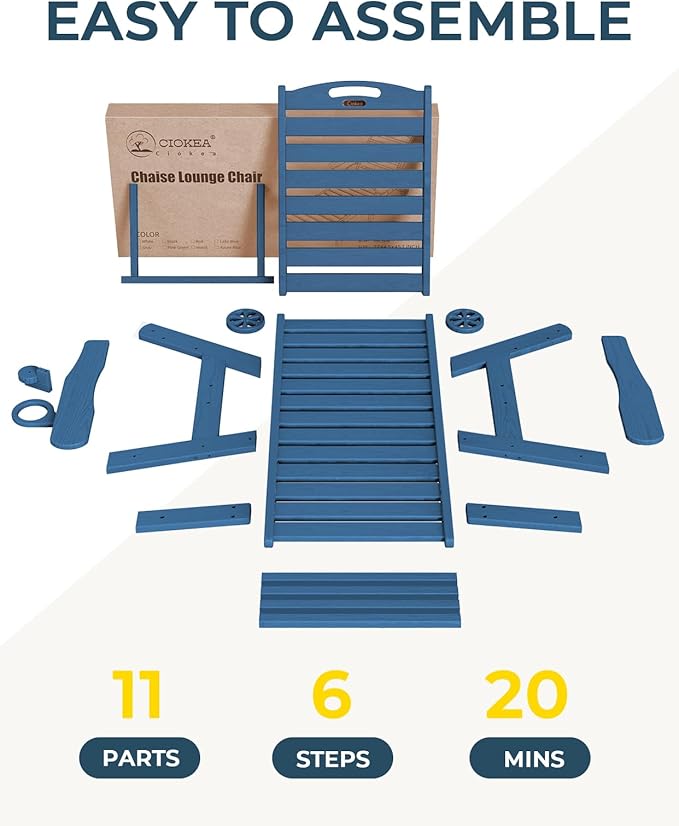 Ciokea Lounge Chair Outdoor, Oversized Chaise Lounge Chair with 5 Positions, HDPE, Patio Lounge Chair with Wheels & Cup Holder for Pool, Deck, Poolside, Azure Blue