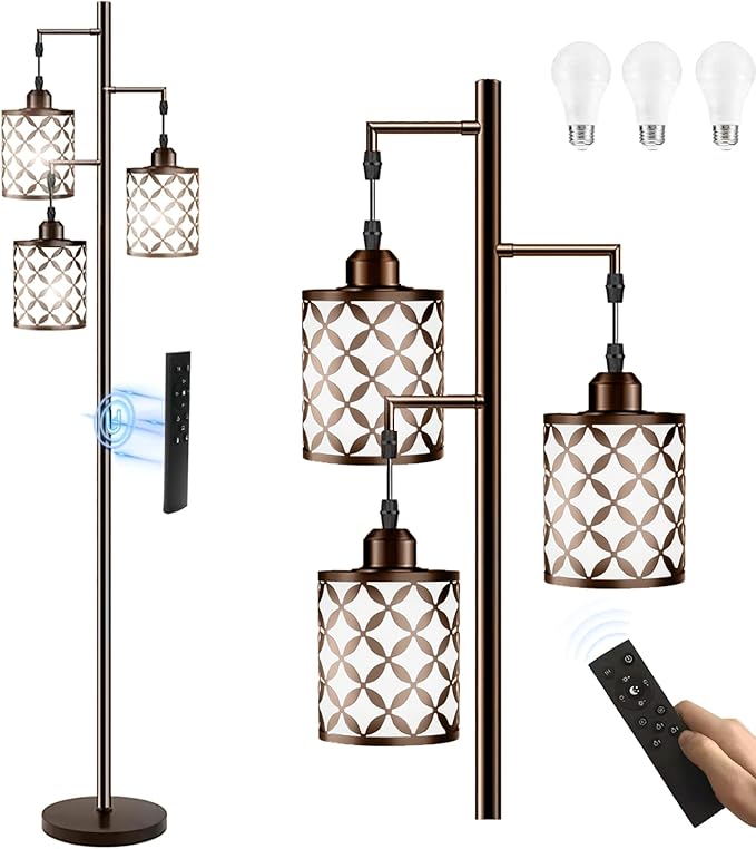 New Upgraded 72" Tall Dimmable Floor Lamp with 3 x 1100LM 12W Bright LED Bulbs, Farmhouse Standing Lamp with Remote Control, Industrial Tree Pole Floor Lamps for Living Room, Bedroom, Office - Brown