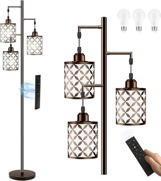 New Upgraded 72" Tall Dimmable Floor Lamp with 3 x 1100LM 12W Bright LED Bulbs, Farmhouse Standing Lamp with Remote Control, Industrial Tree Pole Floor Lamps for Living Room, Bedroom, Office - Brown
