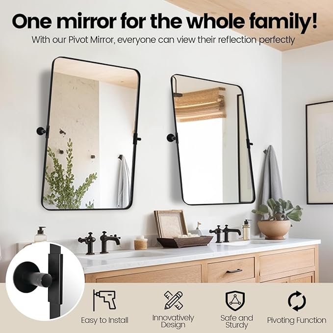 ANDY STAR 20"x30" Matte Black Pivot Mirror for Bathroom, Metal Frame Bathroom Mirrors for Wall，Rectangle Titling Vanity Wall Mirror with Rounded Corner Design Hangs Vertically Only