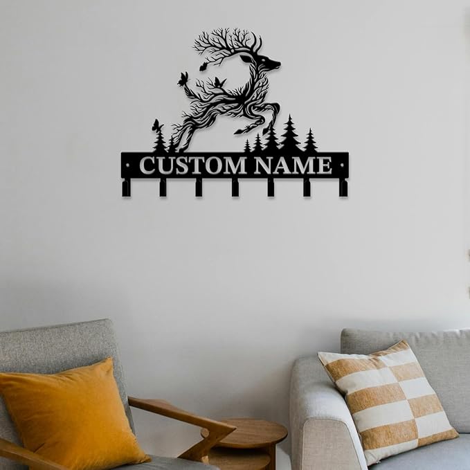 Personalized Custom Name Forest Deer Wall Keys Hooks,Metal Forest Deer Art Clothes Hooks,Metal Forest Deer Wall Home Storage Decorative,For Front Door, Hallway, Kitchen, Bedroom,Keys,Hats (Style F)