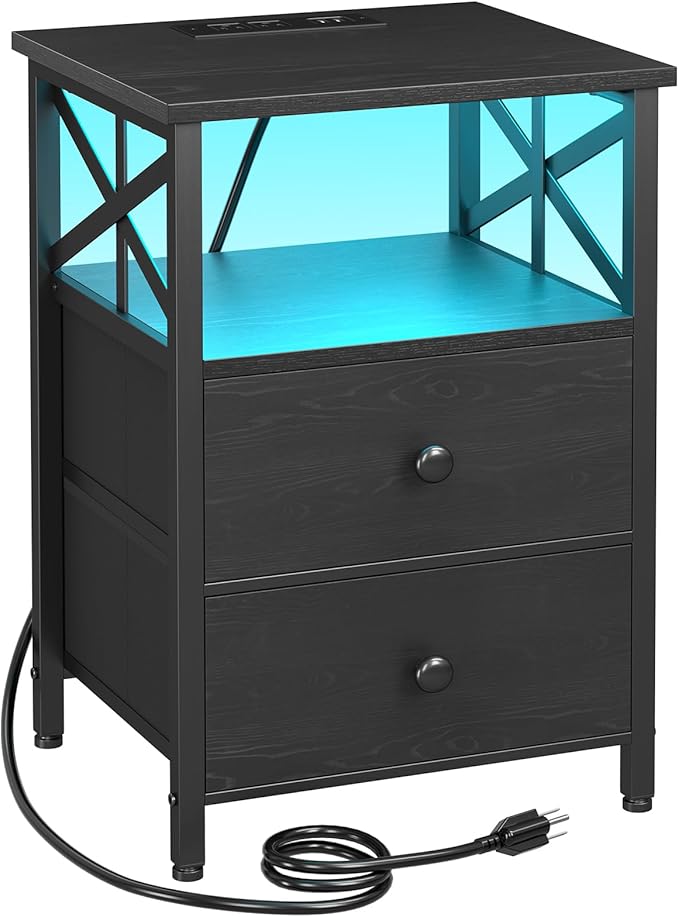AMHANCIBLE Nightstand with Fast Charging Station, End Table Living Room with USB Charger 3-Port & 2-Power Outlet, Bedside Table with Fabric Drawers for Bedroom HET052LBK1