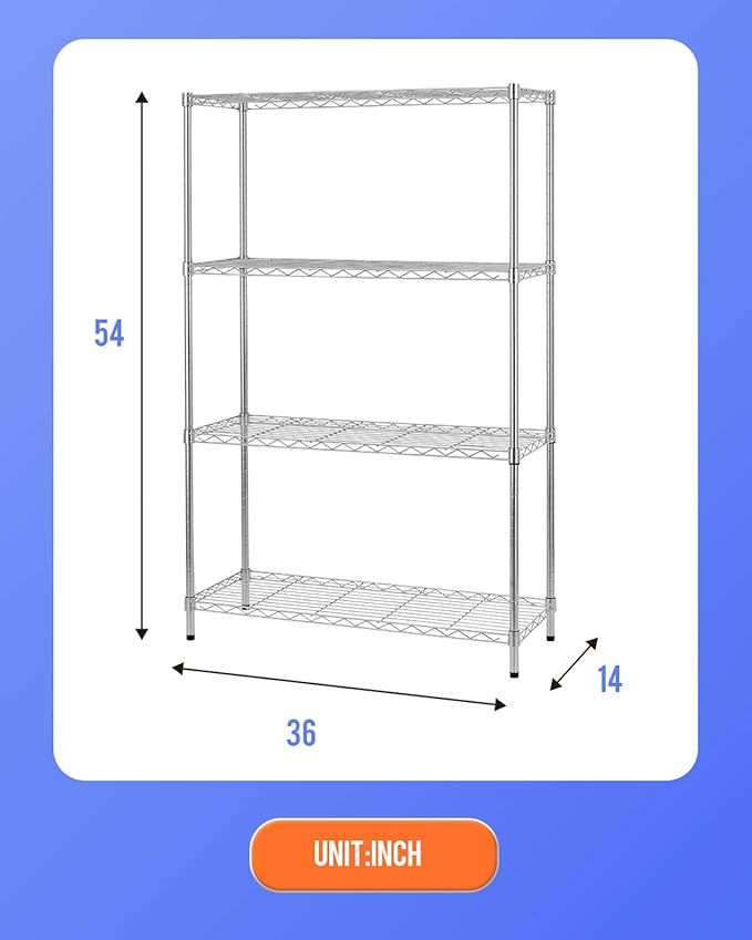 14" D×36" W×54" H Commercial Wire Shelving Unit Metal Shelf with 4 Tier Adjustable Layer Rack Strong Steel for Restaurant Garage Pantry Kitchen Garage，Chrome