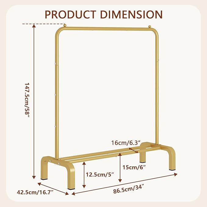 JIUYOTREE Standard Clothes Clothing Garment Rack with Storage Shelves Clothes Organizer for Hanging Clothes Coat Jacket Shirt Sweater Jeans Gold