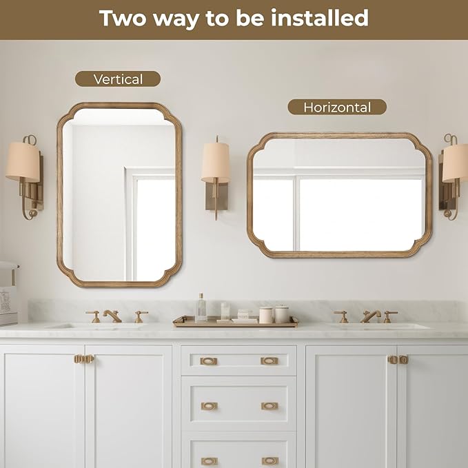 WallBeyond 24" x 36" Rounded Corner Arch Wall Mirror with Wood Frame for Entryway, Living Room or Bedroom Home Decor - Light Woodgrain, Honey-Colored