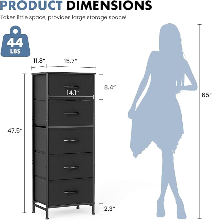 DUMOS Nightstand with 5 Drawers Bedside Table with Removable Fabric Bins Sturdy Steel Frame Wood Top Organizer Furniture for Bedroom Closet Living Room, Black