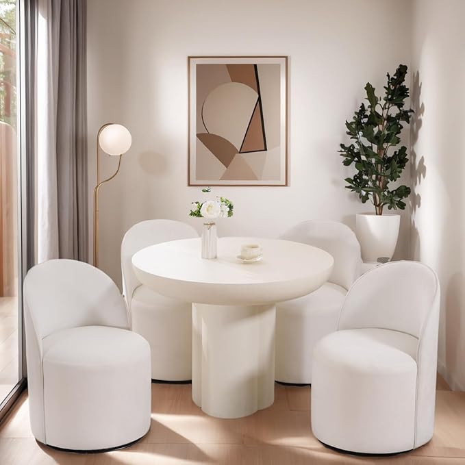 Modern Barrel Dining Chairs Set of 4, Swivel Base White Accent Chair 360°Rotating Vanity Chair Mid-Century Dining Side Chair Kitchen Chair for Living Room, Bedroom, Home, Office, Kitchen