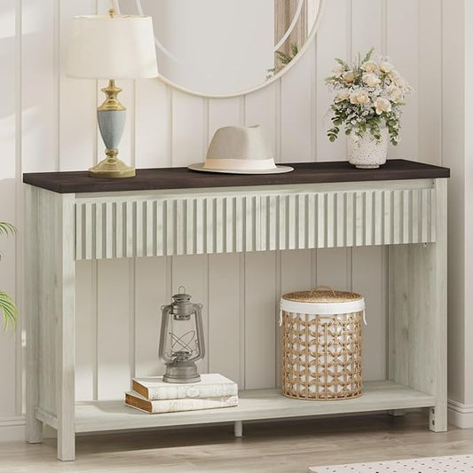 BON AUGURE Entryway Table with Storage, 47In Console Table with 2 Drawers, Two-Tier Sofa Console Tables for Living Room, Modern Hallway Tables, Walnut and Washed Grey Oak