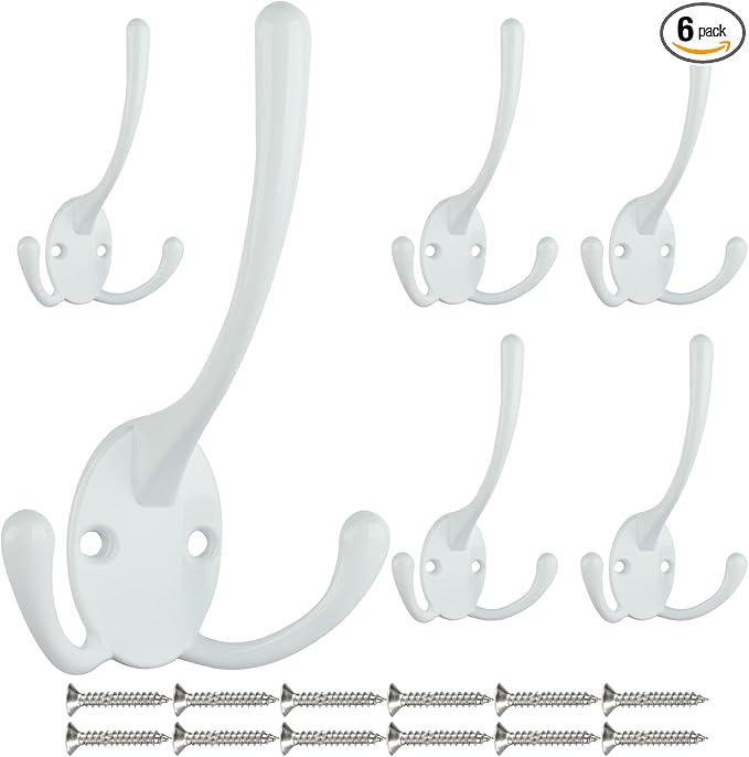 IBosins 6 Pack Big Heavy Duty Three Prongs Coat Hooks Wall Mounted with 12 Screws Retro Double Utility Rustic Hooks for Thick Coat, Big Heavy Bags (White)