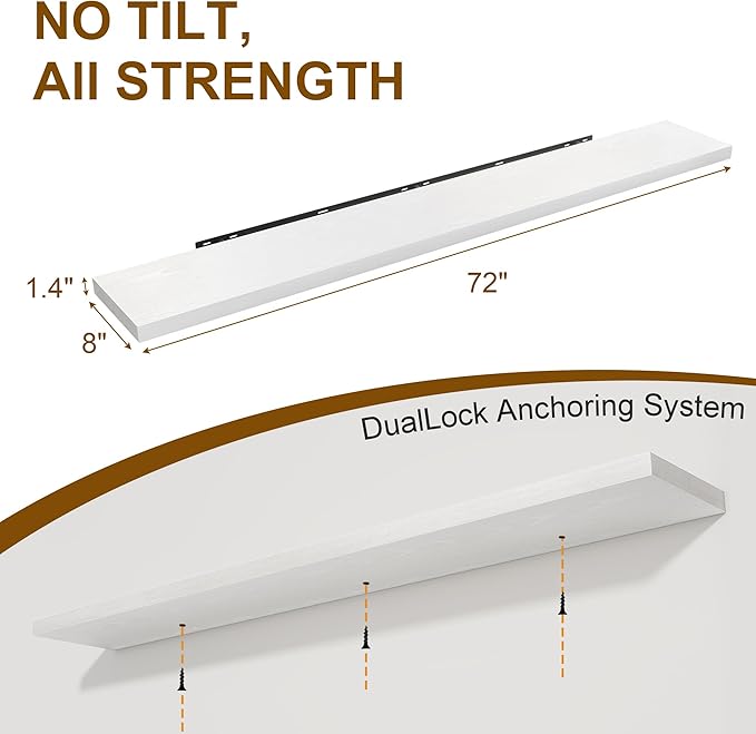 Fun Memories 72 Inch Floating Shelves for Wall, 8 Inch Deep Floating Shelf, Large Shelves with Invisible Bracket for Books|Storage, Rustic Wood Wall Shelf for Bedroom, Kitchen, Living Room, White