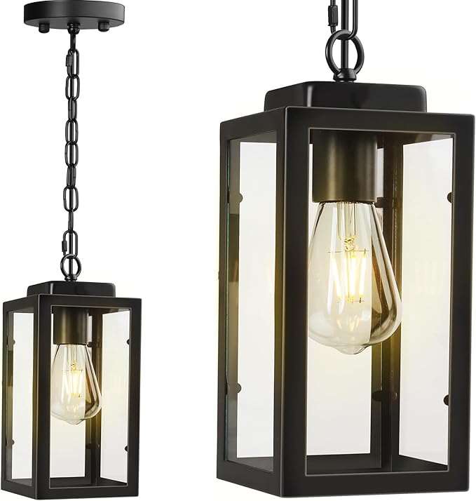 Outdoor Pendant Light, 11" Porch lights Outdoor Chandelier Hanging Ceiling Lights, Black Aluminum Lightshade with Tempered Glass, Exterior Lighting Fixture for Porch Yard Gazebo, 1 Pack, No Sensor
