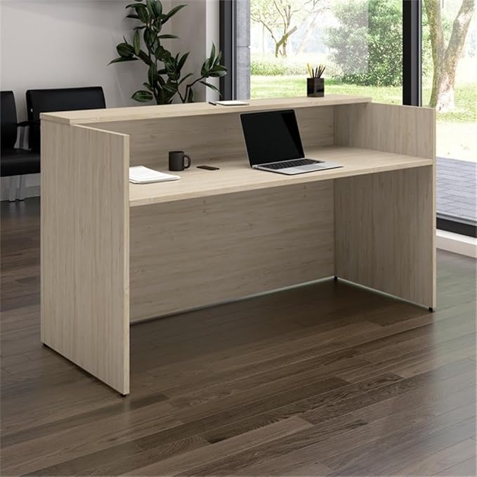Bush Business Furniture Arrive 72W x 30D Reception Desk with Shelf in Natural Elm, Modern Receptionist Station for Office Waiting Room