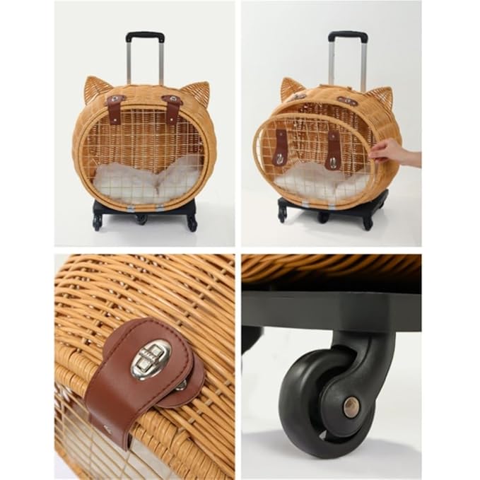 Rattan Cat Stroller with Wheels, Pet Portable Trolley Case, Breathable Cat Cage Trolley for Dog and Rabbit