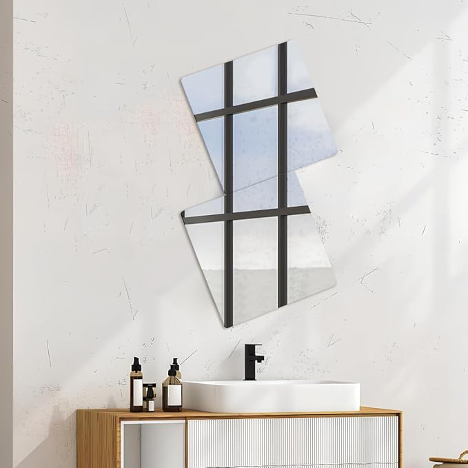 Cabilock 4 Pack Acrylic Mirror Tiles 16X16 Inch Self Adhesive Full Length Wall Mirrors with Rounded Corners Shatterproof Stick on Sheets for Bathroom Home Decor