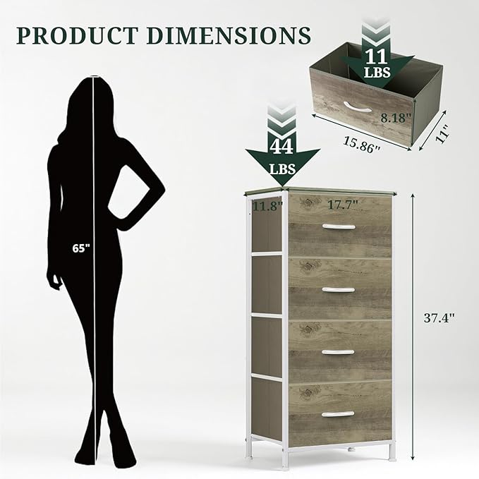 Nightstand, 4 Drawer Dresser End Table Bedside Furniture with Wooden Top Steel Frame Fabric Bins for Bedroom, Closet, Entryway, Dorm, Living Room, Greige Oak