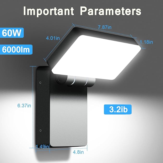 Juyace 60W Led Outdoor Wall Park Flood Light Modern Exterior Security Lighting Fixture for House with Rotate Freely 6000lm 5000k IP65 Waterprroof Floodlight for Above Garage