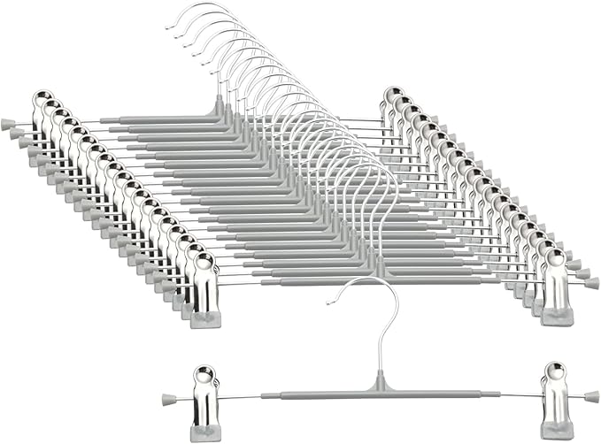 Pants Hangers with Clips - 20 Pack Heavy Duty, Non-Slip Adjustable Space Saving Skirt Hangers for Pants, Jeans, Shorts | Gray | 12 Inch