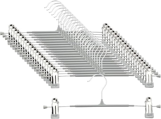 Pants Hangers with Clips - 20 Pack Heavy Duty, Non-Slip Adjustable Space Saving Skirt Hangers for Pants, Jeans, Shorts | Gray | 12 Inch