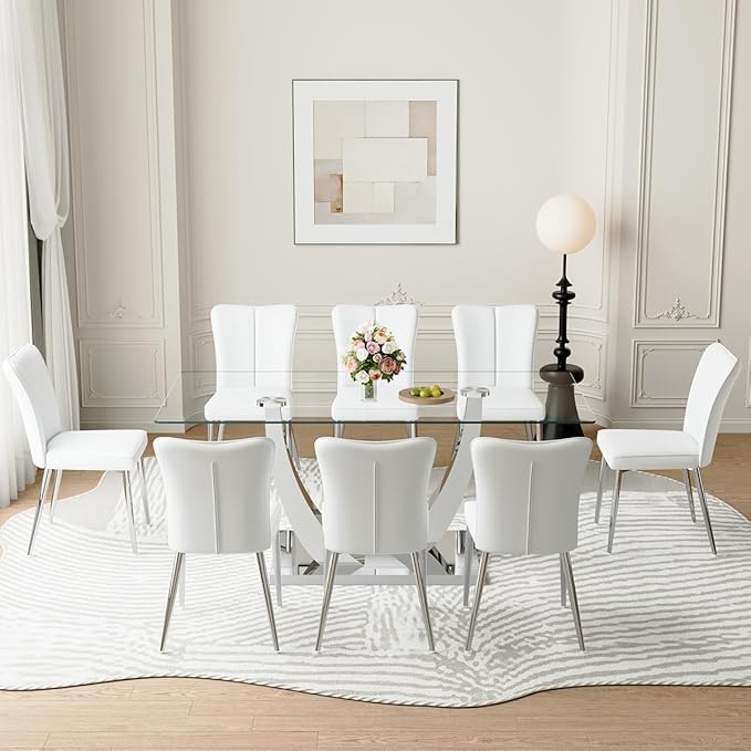 Glass Dining Room Table Set for 8,Kitchen Table Set with 8 PU Leather Chairs,71" Tempered Glass DiningTable Set with Silver U-Shaped Table Legs and Rectangular Base