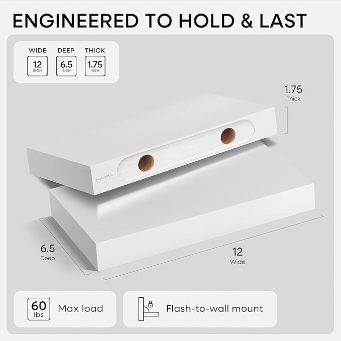 Homeforia White Floating Shelf 12 inch, High End Solid Real Wood Small 12inch Floating Shelves for Wall Mounted, White Wooden 12 in Floating Shelves, Heavy Duty Bracket, 12 X 6.5 X 1.75 inch, Set of 3