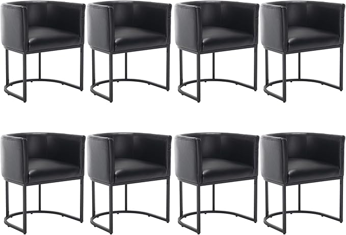 Faux Leather Dining Chairs Set of 8 Modern Barrel Arm Chairs with Black Metal Frame, Upholstered Kitchen Chairs 18.5" Wide Accent Chair for Living Room Dining Room Restaurant, Black