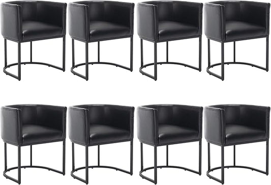 Faux Leather Dining Chairs Set of 8 Modern Barrel Arm Chairs with Black Metal Frame, Upholstered Kitchen Chairs 18.5" Wide Accent Chair for Living Room Dining Room Restaurant, Black