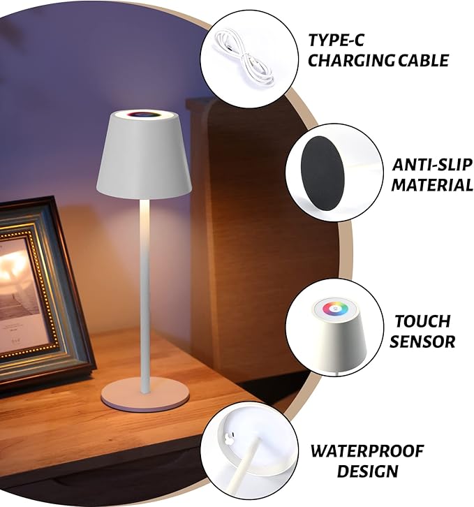 Maksone 2 Pack RGB Cordless Table Lamp, 6600mWh Rechargeable Battery Desk Lamp, 3000K Stepless Dimming and Led Color Changing Night Light, IP54 Waterproof Outdoor Portable Lamp for Patio (White)