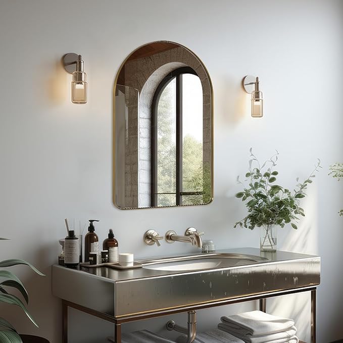 ANDY STAR Arched Mirror, 22" x 35" Gold Bathroom Mirror in Stainless Steel Metal Frame, Arch Top Rounded Corner 1" Deep Set Design Wall Mount Hangs Vertical