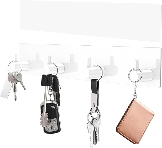 VIS'V Key Holder Wall Mount, Large Metal Self Adhesive Key Hanger with 4 Hooks, No Drilling, Extra Adhesive Strip, White