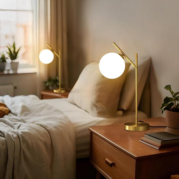 Globe Table Lamp Set of 2, Brass Glass Globe Desk Lamp with Milky White Glass Shade, Contemporary Metal Bedside lamp for Bedroom Living Room Study Room