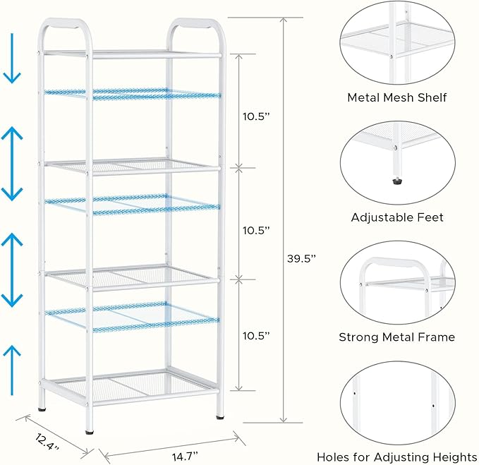 MAX Houser Storage Rack with Shelf,Industrial Style Extendable Plant Stand, Standing Shelf Units for Kitchen, Bathroom, Office,Living Room, Balcony, Kitchen (White, 4 Tier)