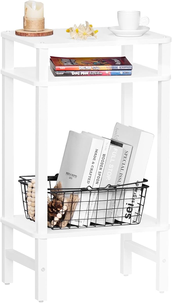 28in Tall Side Table 3-Tier Small Narrow End Table for Couch, Skinny Nightstand for Small Space, Farmhouse Slim Night Stand with Storage, Wooden Frame Thin Bedside Table, for Living Room, White