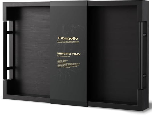 Bamboo Serving Tray with Metal Handles,15x10in Ottoman Decorative Trays Platter for Coffee Table,Living Room,Bar,Party,Medium(Black)