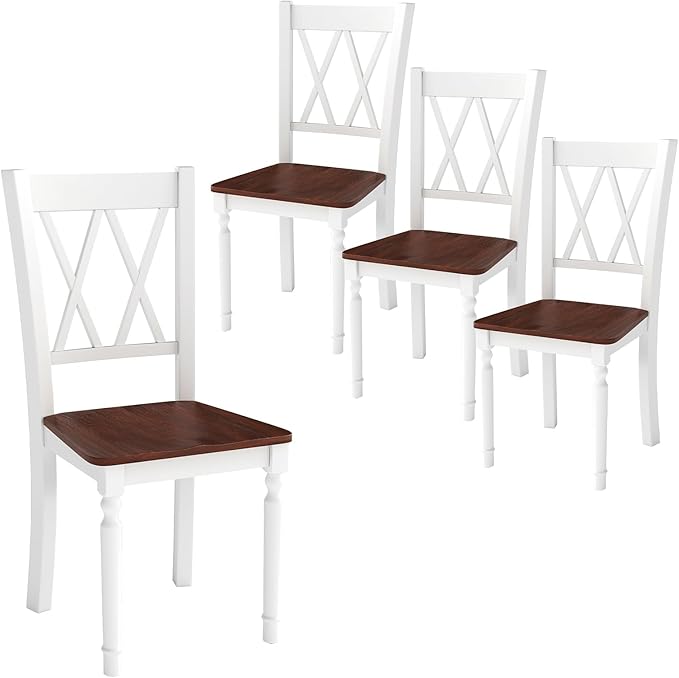 POWERSTONE Wooden Dining Chairs Set of 4, Farmhouse Kitchen Chair with High Backrest, 360 lbs Armless Dinette Seat for Kitchen, Dining Room, Living Room, White and Walnut