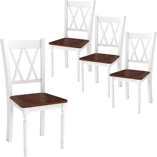 POWERSTONE Wooden Dining Chairs Set of 4, Farmhouse Kitchen Chair with High Backrest, 360 lbs Armless Dinette Seat for Kitchen, Dining Room, Living Room, White and Walnut