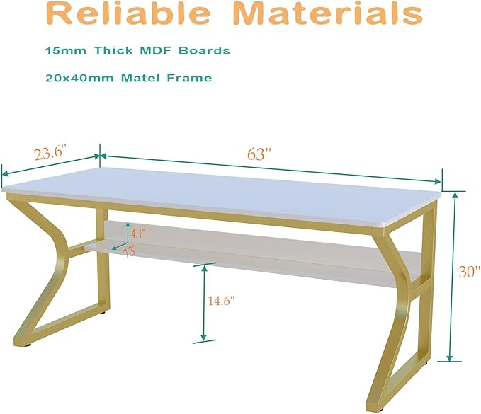 Extra Long Desk with Bookshelf - 63" Double Long Writing Table for 2-Person Workstation, Modern Study Work Computer Desk for Home and Office, Gold
