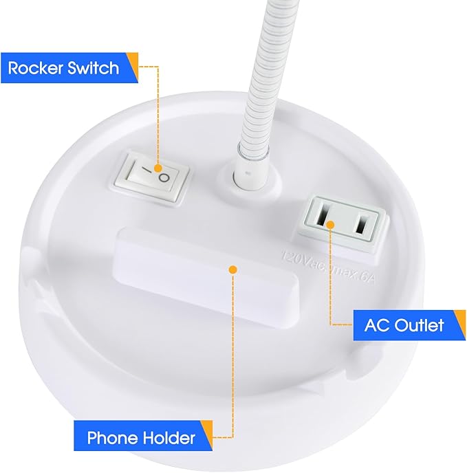 Energetic LED Desk Lamp with Phone Holder, Table Lamp with AC Outlet, Adjustable Flexible Gooseneck, 4000K, Eye-Care Reading Light for Bedroom, Study, Computer Desk, Living Room, Home Office, White